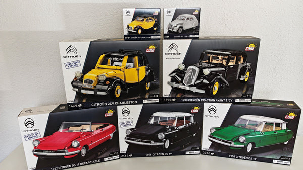 COBI Citroën Klemmbausteinmodelle: 2CV Charleston, 2CV Type A, Traction Avant 11CV und DS 19 in 1:12 und 1:35