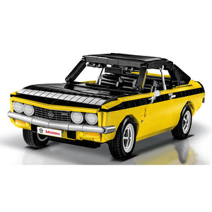 Vollständiges gelbes Cobi-24339 Opel Manta A Vitrinenmodell 1:12 Frontansicht schwarzes Dach