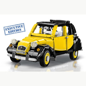 Frontansicht Cobi Citroën 2CV Charleston Ente Klemmbaustein Bausatz 1:12 mit offenem Dach und sichtbarem Innenraum