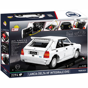 Rückansicht Verpackung Box Cobi 24356 Bausatz weißer Lancia Delta HF Integrale Evo mit Funktionsbeschreibungen des Executive Edition Sammlerversion Klemmbausteinmodells im Maßstab 1:12 mit Displayständer