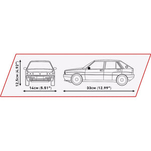 Modellabmessungen Cobi 24356 Lancia Delta HF Integrale Evo mit 33 cm Länge 14 cm Breite und 12,5 cm Höhe