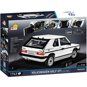Cobi 24358 VW Golf I GTI Weiß Bausatz aus Klemmbausteinen Rückseite Verpackung Box mit Funktionsbildern und technischen Daten der Executive Edition Sammlerversion mit originaler VW-Lizenz