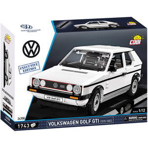 Cobi 24358 VW Golf I GTI Weiß Executive Edition Verpackung Box Frontansicht 1:12 Bausatz Vitrinenmodell 1743 Teile Sammlerversion Displaymodell mit Fahrzeugständer und Fahrzeugplakette und bedruckten Bauteilen und originaler VW-Lizenz