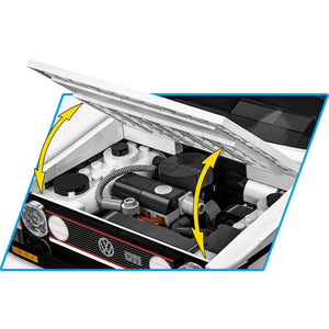 Cobi 24358 VW Golf I GTI Detail Nahaufnahme geöffnete Motorhaube mit gebautem Motor aus Klemmbausteinen und bedruckten Teilen der Executive Edition Sammlerversion