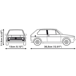 Cobi 24358 VW Golf I GTI Modellabmessungen Maßangaben Front- und Seitenansicht mit 30,5 cm Länge 13 cm Breite und 11,5 cm Höhe der Executive Edition Sammlerversion aus Klemmbausteinen