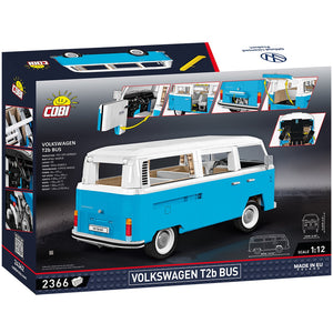 Cobi 24362 VW T2b Weiß Blau Bausatz Rückansicht Verpackung Box Produktfunktionen Detailbilder Klemmbausteine Displaymodell für Erwachsene Fans zum Selberbauen mit VW-Lizenz und 2366 Teilen
