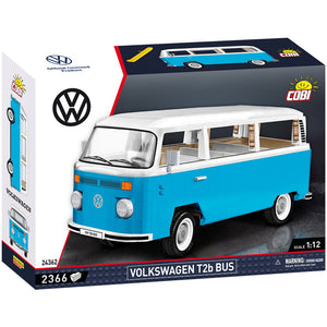 Cobi 24362 VW T2b Bus Verpackung Box Weiß Blau Vorderseite Originalverpackung Frontansicht mit offizieller VW-Lizenz und 2366 Klemmbausteinen Displaymodell für Erwachsene und Fans zum Selberbauen