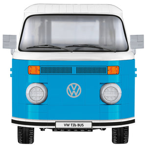 Cobi 24362 VW T2b Bus Weiß Blau Klemmbausteine Vitrinenmodell Frontansicht mit weißem Dach und Panorama-Windschutzscheibe Klemmbausteinmodell für Fans und Sammler mit VW-Lizenz zum selberbauen