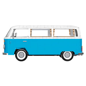 Cobi 24362 VW T2b Weiß Blau  Klemmbausteine Seitenansicht türkisblaue Karosserie weiße Fensterumrandung und bedruckte Vorhänge im Innenraum Displaymodell für Sammler und Fans mit VW-Lizenz