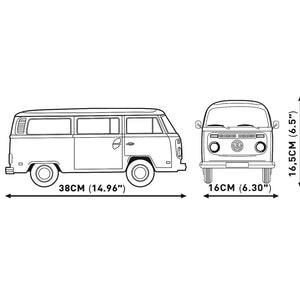 Cobi 24362 VW T2b Bausatz Modellabmessungen Seiten- und Frontansicht Maße 38 cm Länge 16 cm Breite und 16,5 cm Höhe für Sammler