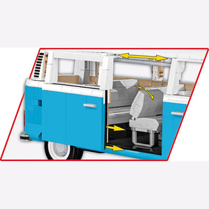 Cobi 24362 VW T2b Weiß Blau Klemmbausteine Bausatz rechte Seitentür Scheibetür geöffnet graue Sitze mit umklappbaren Rückenlehnen und bedruckten Vorhängen für Fans und Erwachsene zum selberbauen