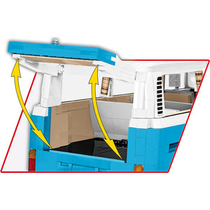 Cobi 24362 VW T2b Weiß Blau Bus Heckklappe geöffnet Detailaufnahme mit beduckten Vorhängen und weißen Sitzpolstern Klemmbausteine Bausatz für Erwachsene mit VW-Lizenz