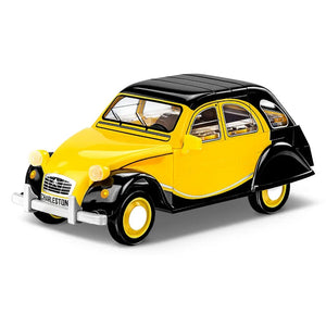 Frontansicht fertiges Cobi 24512 Citroën 2CV Charleston Ente Klemmbausteine Modell gelb-schwarz mit drehbaren Rädern und CHARLESTON Kühlergrill offizielle Citroen-Lizenz für Erwachsene Fans zum Selberbauen