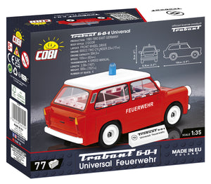 Rückseite Verpackung Box Cobi 24555 Trabant 601 Feuerwehr Bausatz mit Modellabmessungen und bedruckten Klemmbausteinen und originaler Sachenring-Lizenz für Erwachsene Fans und Sammler zum Selberbauen