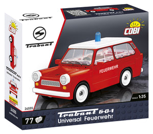 Cobi 24555 Bausatz Trabant 601 Feuerwehr Maßstab Skala 1:35 Verpackung Box Frontansicht mit 77 Klemmbausteinen und originaler Sachenring-Lizenz Displaymodell für Erwachsene Fans und Sammler zum Selberbauen