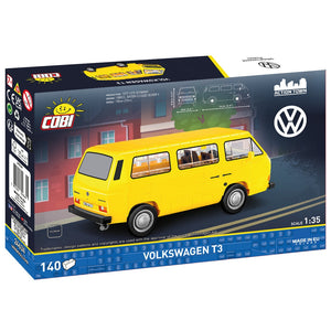Cobi 24634 VW Transporter T3 Gelb Bausatz Rückansicht Verpackung Box  mit 140 Bauteilen und Produktmerkmalen Klemmbaustein Displaymodell für Erwachsene Fans und Sammler zum Selberbauen mit originaler VW-Lizenz