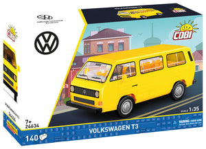 Frontansicht Cobi 24634 VW Transporter T3 Gelb Bausatz Verpackung Box mit 1:35 Maßstab Skala  mit bedruckten Klemmbausteinen und originaler VW-Lizenz für Erwachsene Fans zum Selberbauen Displaymodell 140 Teile