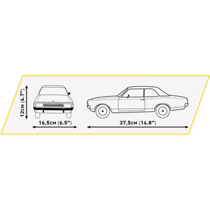Abmessungen des fertig gebauten Opel Rekord C Coupe Klemmbausteinmodells von COBI mit der Setnummer 24345.