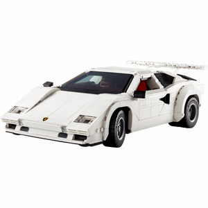LEGO 10337 Lamborghini Countach weiß Klemmbaustein Bausatz mit vertikalen Scherentüren, weißem Heckspoiler, rotem Innenraum und offizieller Lamborghini-Lizenz charakteristische Keilform Frontansicht Geschenkidee Sammlerstück Displaymodell für Erwachsene Fans und Sammler zum selberbauen