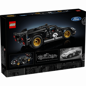 LEGO Technic 42223 Ford GT40 MKII 1966 Rückseite Verpackung Box mit technischen Produktbilder der Funktionen geöffneten Türen, Frontklappe und Motorhaube und historischem Vergleichsfoto auf der Verpackung