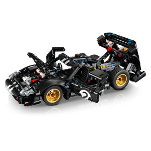 Draufsicht LEGO Technic 42223 Ford GT40 MKII 1966 schwarz Technic-Bausatz mit beweglichen Kolben und V8-Mittelmotor geöffnete Motorhaube und auflappbaren Türen und offener Frontklappe als Display-Modell