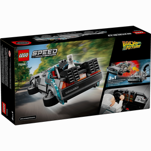 LEGO 77256 DeLorean DMC-12 Verpackung Box Rückseite fliegende Version mit Fluxkompensator und 2-in-1 Baumöglichkeit als Flugmodell oder Blitzableiter