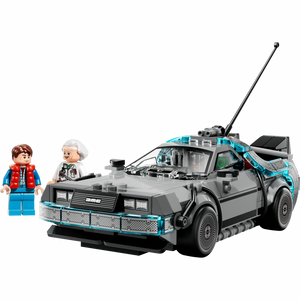 LEGO 77256 DeLorean DMC-12 Vitrinenmodell Frontansicht mit Gullwing-Türen und Minifiguren Marty McFly Dr. Brown bedruckte Teile Zeitmaschine