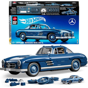 Mattel HWW25 Mercedes-Benz 300 SL Gullwing Blau Klemmbaustein Bausatz 1:12 blau mit Metallteilen und exklusivem 1:64 Die-Cast Vitrinenmodell Flügeltürer Klemmbausteinmodell Geschenkidee für Erwachsene Fans und Sammler zum Selberbauen Verpackung Frontansicht und gebautes Modell offizielle Mercedes-Benz-Lizenz