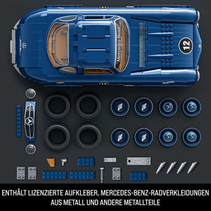 Oberansicht blauer Mattel HWW25  Mercedes-Benz 300 SL Gullwing Flügeltürer Klemmbaustein Bausatz Maßstab Skala 1:12 mit transparentem Fenstern, Metallfelgen und lizenzierten Aufklebern Sammlerstück für Erwachsene Fans und Sammler Geschenkidee