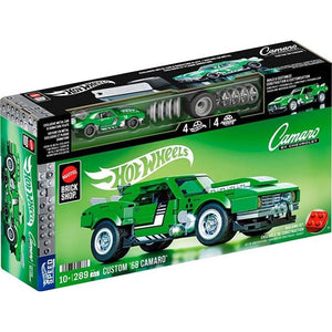 Mattel Brick Shop JFT16 '68 Camaro Bausatz Verpackung Box Vorderseite Klemmbausteinmodell mit 289 Teilen, exklusiver Metallplakette und wechselbaren Felgen-Sets und exklusivem 1:64 Die-Cast-Minaturmodell