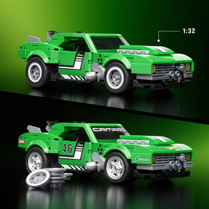 Grünes Mattel Brick Shop JFT16 '68 Camaro Vitrinenmodell 1:32 mit Metallic-Auspuff und wechselbaren Felgen