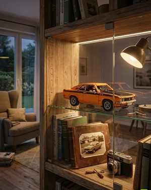 Orangefarbener Cobi Opel Manta A in einem beleuchteten Wohnzimmerregal Displaymodell Ausstellungsstück