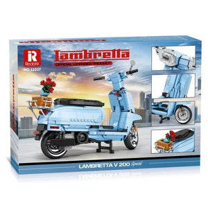 Rückseite Reobrix 11037 Lambretta V200 Special Verpackung Box Detailansicht Lenkermechanik und Ständer aus Klemmbausteinen mit originaler Innocenti-Lizenz