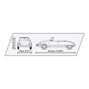 Modellabmessungen des fertig gebauten COBI 24346 Klemmbausteinmodells der Citroen DS 19 Decapotable Cabrios