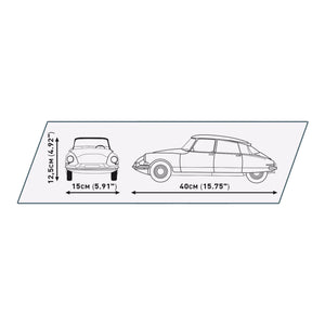 Modellabmessungen der fertig gebauten Citroen DS 19 von COBI 24347 40 cm lang 15 cm breit und 12,5 cm hoch
