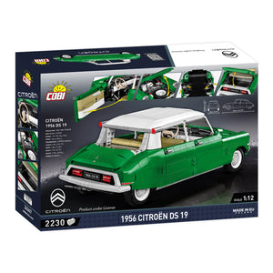 Rückseite der Produktverpackung der Citroen DS 19 Göttin von 1956 von COBI 24347 mit rüner Karosserie und weißem Dach 2230 Teile Pad Printed keine Sticker Maßstab 1:12 offizielle Lizenz