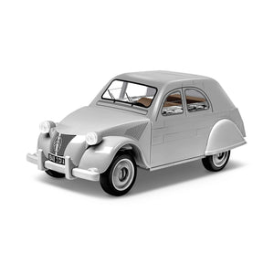 Dreiviertelansicht von vorne der grauen Citroen 2CV Type A von 1949 von COBI 24510 Maßstab 1:35 offiziell lizenziert bedruckte Bauteile 