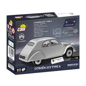 Rückseite der Produktverpackung der grauen Citroen 2CV Type A von 1949 von COBI 24510 Maßstab 1:35 offiziell lizenziert bedruckte Bauteile Pad Printed keine Sticker 80 Teile