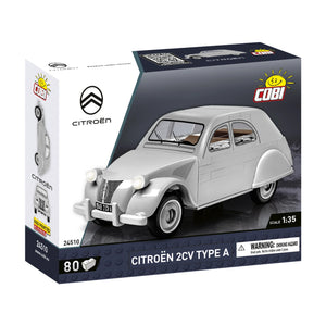 Vorderseite der Produktverpackung der grauen Citroen 2CV Type A von 1949 von COBI 24510 Maßstab 1:35 offiziell lizenziert bedruckte Bauteile Pad Printed keine Sticker 80 Teile