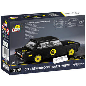 Rückseite der Verkaufsverpackung des Opel Rekord C Schwarze Witwe als 1:35 Klemmbausteinmodell mit 138 Teilen. Das Set von COBI hat die Setnummer 24597 und ist offiziell von Opel lizenziert. Man sieht die gelbe Startnummer 201 und das Typenschild