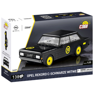 Vorderseite der Verkaufsverpackung des Opel Rekord C Schwarze Witwe als 1:35 Klemmbausteinmodell mit 138 Teilen. Das Set von COBI hat die Setnummer 24597 und ist offiziell von Opel lizenziert. Man sieht die gelbe Startnummer 201