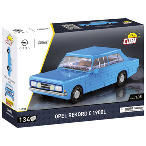 Vorderseite der Produktverpackung des COBI-24598 Opel Rekord C 1900L in Blau. Das Fahrzeug ist Pad Printed und hat daher nur bedruckte Teile, keine Sticker. Das Set hat 134 Teile und ist offiziell von Opel lizensiert.