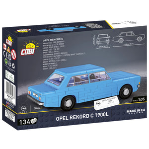Rückseite der Produktverpackung des COBI-24598 Opel Rekord C 1900L in Blau. Das Fahrzeug ist Pad Printed und hat daher nur bedruckte Teile, keine Sticker. Das Set hat 134 Teile und ist offiziell von Opel lizensiert. Es wird mit einem Typenschild mit der Modellbezeichnung geliefert. Die Modell hat die Skala 1:35.