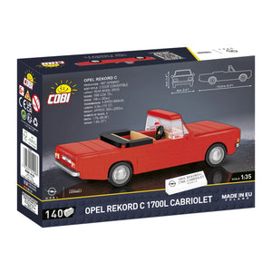 Rückseite der Produktverpackung des Opel Rekord C 1700 L Cabriolet Klemmbausteinmodells in Rot. Das Set von COBI trägt die Nummer 24599. Das Set hat bedruckte Teile und silberne Felgen. Das Set hat 140 Teile und keine Aufkleber. Die Steine sind bedruckt und das Modell hat den Maßstab 1:35. Ein Typenschild ist mit dabei.