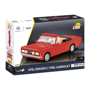 Vorderseite der Produktverpackung des Opel Rekord C 1700 L Cabriolet Klemmbausteinmodells in Rot. Das Set von COBI trägt die Nummer 24599. Das Set hat bedruckte Teile und silberne Felgen. Das Set hat 140 Teile und keine Aufkleber. Die Steine sind bedruckt und das Modell hat den Maßstab 1:35.