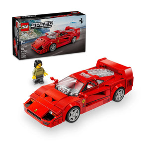 LEGO 76934 Ferrari F40 Supersportwagen Rot Dreiviertelansicht mit Minifigur und Box