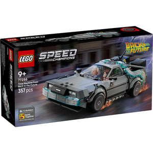 LEGO Speed Champions 77256 DeLorean Verpackung Box Vorderseite Klemmbaustein Set mit 357 Teilen und Back to the Future Szene